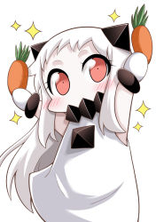Rule 34 | 10s, 1girl, abyssal ship, carrot, chibi, commentary request, covered mouth, dress, highres, horns, kantai collection, long hair, mittens, northern ocean princess, simple background, sleeveless, sleeveless dress, solo, sparkle, white background, white hair, yamato nadeshiko