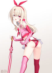Rule 34 | 1girl, alternate costume, aoi masami, artist name, ass, bare shoulders, blush, bra, breasts, commentary request, cropped jacket, dated, elbow gloves, fang, fate/kaleid liner prisma illya, fate (series), feet out of frame, from behind, gloves, holding, illyasviel von einzbern, jacket, leaning forward, long hair, looking at viewer, looking back, open mouth, panties, pink gloves, pink jacket, pink thighhighs, race queen, red bra, red eyes, red gloves, red panties, simple background, skin fang, skirt, small breasts, smile, solo, standing, thighhighs, umbrella, underwear, white background