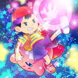 Rule 34 | 2boys, black hair, full body, hat, kirby, kirby (series), mother (game), mother 2, multiple boys, ness (mother 2), nintendo, one eye closed, otoe (milkyboy inc.), pink skirt, red footwear, red headwear, shirt, shoes, shorts, skirt, striped clothes, striped shirt, super smash bros., voice actor connection