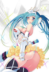 Rule 34 | 1girl, aqua eyes, aqua hair, ass, bare shoulders, blush, breasts, curvy, elbow gloves, from side, gloves, goodsmile company, goodsmile racing, gradient hair, green hair, hatsune miku, highres, large breasts, long hair, looking at viewer, looking back, multicolored hair, open mouth, race queen, racing miku, racing miku (2015), solo, thick thighs, thighhighs, thighs, torisan, twintails, very long hair, vocaloid