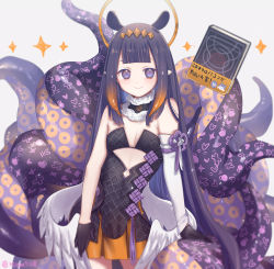 Rule 34 | 1girl, animal ears, ao-chan (ninomae ina&#039;nis), black gloves, book, breasts, dress, floating, floating book, floating object, gloves, halo, highres, hololive, hololive english, long hair, looking at viewer, low wings, mikan (artist), mole, mole under eye, necktie, ninomae ina&#039;nis, ninomae ina&#039;nis (1st costume), pointy ears, purple dress, purple eyes, purple hair, simple background, small breasts, smile, solo, standing, tentacle hair, tentacles, thighhighs, virtual youtuber, white background, white gloves, wings