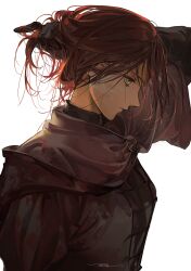 Rule 34 | 1girl, black gloves, blood, blood on clothes, brown capelet, capelet, closed mouth, commentary, dress, elden ring, english commentary, from side, gloves, grey dress, hand in own hair, highres, millicent (elden ring), profile, red hair, ruint, scar, scar on face, short hair, simple background, solo, tying hair, white background, yellow eyes