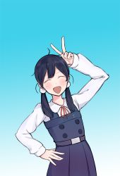 Rule 34 | 1girl, :d, arm up, bad id, bad pixiv id, black hair, blue background, blush, closed eyes, dress, facing viewer, floatingapple, gradient background, hair ornament, hand on own hip, kitashirakawa tamako, laughing, long sleeves, open mouth, pinafore dress, shirt, short twintails, simple background, sleeveless dress, smile, solo, tamako market, twintails, v, white shirt