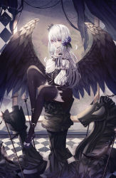 Rule 34 | 1girl, absurdres, angel wings, bad id, bad pixiv id, bare shoulders, black footwear, black thighhighs, chess piece, closed mouth, commentary, crown, domi (hongsung0819), dress, english commentary, female focus, flower, gothic lolita, hair flower, hair ornament, highres, holding, huge filesize, jewelry, leaf, light particles, lolita fashion, long hair, long sleeves, mary janes, nail polish, off-shoulder dress, off shoulder, original, puffy long sleeves, puffy sleeves, purple eyes, ribbon, ring, shoes, sitting, sleeveless, sleeveless dress, solo, thighhighs, two-tone dress, white hair, wings, zettai ryouiki
