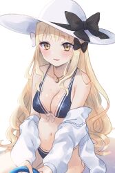 1girl :d bare_shoulders bikini bikini_under_clothes black_bow blonde_hair blue_bikini bow brown_eyes collarbone commentary_request gucchiann hair_bow hat hat_bow highres jacket jewelry long_hair looking_at_viewer off_shoulder open_clothes open_jacket open_mouth parted_lips pendant princess_connect! saren_(princess_connect!) saren_(real)_(princess_connect!) simple_background smile solo sun_hat swimsuit very_long_hair white_background white_hat white_jacket