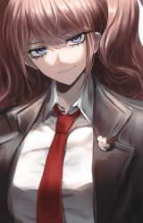 Rule 34 | 1girl, black jacket, blonde hair, blue eyes, breasts, closed mouth, danganronpa: trigger happy havoc, danganronpa (series), enoshima junko, highres, jacket, large breasts, looking at viewer, monokuma, necktie, open clothes, open jacket, porary, red necktie, smile, solo, twintails, upper body, white hair