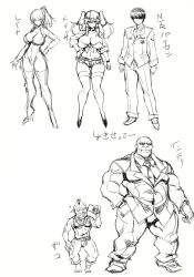 Rule 34 | 2girls, 3boys, absurdres, bodysuit, character request, character sheet, curvy, evil grin, evil smile, formal, full body, grin, hand on own hip, hata (transistor baby), high ponytail, highres, long hair, looking at viewer, melissa (hata (transistor baby)), monochrome, multiple boys, multiple girls, muscular, navel, nipples, orc, original, pointy ears, ponytail, reina (hata (transistor baby)), sharp teeth, short shorts, shorts, simple background, sketch, skin tight, smile, standing, suit, teeth, translation request, tsundere, twintails, white background