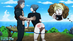 Rule 34 | 2boys, 3boys, ass, bottomless, bruise, camera, final fantasy, final fantasy xv, highres, humiliation, injury, male focus, multiple boys, muscular, onoro nyo, outdoors, public indecency, spanked, tattoo, yaoi