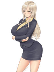 Rule 34 | 1girl, artist name, black jacket, black skirt, blonde hair, blush, breast hold, breasts, closed mouth, commentary request, cowboy shot, crossed arms, jacket, large breasts, long hair, long sleeves, looking at viewer, office lady, original, parted bangs, pencil skirt, skirt, smile, solo, tono munekage, white background, yellow eyes