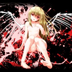 Rule 34 | 1girl, bad id, bad pixiv id, barefoot, blonde hair, blood, blood splatter, collarbone, fallen angel, feet, hand on own chest, long hair, nude, original, red eyes, sitting, solo, suggestive fluid, tongue, tongue out, very long hair, wings, yua (checkmate)