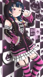 Rule 34 | 1girl, ;), ad (diaja1414), alternate hairstyle, artist name, artist request, bare shoulders, black bow, black bowtie, black choker, black jacket, black legwear, black wings, blue hair, blush, bow, bowtie, breasts, candy, chain, checkered clothes, checkered skirt, chest tattoo, choker, cleavage, collarbone, cross-laced clothes, demon girl, demon hood, demon horns, demon tail, demon wings, detached sleeves, devil rocker (love live!), dress, dress shirt, earrings, facial mark, female focus, food, frilled dress, frilled sleeves, frills, garter straps, glint, gold chain, hand on pocket, heart, heart (symbol), highres, hood, hood up, hooded jacket, hoodie, horns, horns through headwear, jacket, jewelry, lace, lace-trimmed legwear, lace trim, leaning, lollipop, long hair, long sleeves, looking at viewer, love live!, love live! school idol festival, love live! school idol festival all stars, love live! sunshine!!, medium breasts, miniskirt, nail, nail polish, one eye closed, open clothes, open jacket, parted lips, pink legwear, plaid, plaid skirt, pleated, pleated skirt, pocket, purple eyes, purple legwear, purple nail polish, purple nails, ring, shirt, short hair, skirt, smile, solo, sparkle, sparkle print, star (symbol), star earrings, striped legwear, tail, tattoo, tsushima yoshiko, v, v over eye, wall, white skirt, wings, zipper, zipper pull tab