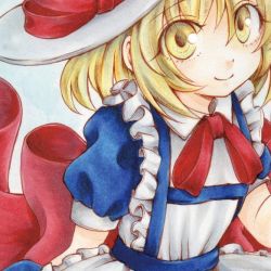 Rule 34 | 1girl, apron, back bow, blonde hair, blue dress, bow, dress, frilled apron, frills, hat, hat bow, io (maryann blue), kana anaberal, medium hair, puffy short sleeves, puffy sleeves, red bow, red neckwear, red ribbon, ribbon, short sleeves, simple background, smile, sun hat, touhou, touhou (pc-98), traditional media, white apron, white background, white hat, yellow eyes