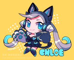 Rule 34 | 1girl, :3, animal ear headphones, animal ears, black dress, black footwear, blue eyes, breasts, character name, chibi, colored inner hair, dress, eyelashes, fake animal ears, full body, grey hair, headphones, headwear with attached mittens, kotorai, large breasts, lucky chloe, multicolored hair, no nose, solo, tail, tekken, twintails, yellow background