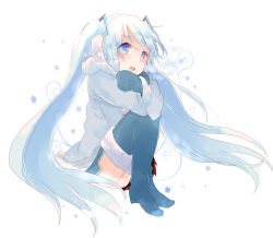 Rule 34 | 1girl, blue eyes, blue hair, boots, earmuffs, full body, hatsune miku, long hair, matching hair/eyes, mittens, open mouth, simple background, sitting, skirt, solo, thigh boots, thighhighs, twintails, very long hair, vocaloid, white background, xxxx saki, yuki miku
