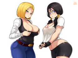 Rule 34 | 2girls, android 18, belt, bike shorts, black gloves, black hair, blonde hair, blouse, blue eyes, blush, breasts, cameltoe, cleavage, cleft of venus, closed mouth, collarbone, cowboy shot, denim, dragonball z, fingerless gloves, gloves, hair tubes, highres, jeans, jmg, large breasts, long sleeves, looking at viewer, midriff, multiple girls, navel, no bra, pants, parted lips, shirt, short hair, short sleeves, simple background, sweat, taut clothes, taut shirt, twintails, videl, white background, white shirt