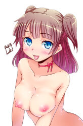 Rule 34 | 1girl, blue eyes, blunt bangs, blunt ends, blush, bow, breasts, breasts squeezed together, brown hair, collarbone, de (deys), eyelashes, highres, looking at viewer, medium breasts, medium hair, neck ribbon, nipples, nude, open mouth, original, red bow, red ribbon, ribbon, simple background, smile, solo, tongue, tongue out, two side up, upper body, white background