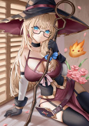 Rule 34 | 1girl, bare shoulders, black-framed eyewear, black choker, black gloves, black hat, black thighhighs, blonde hair, blue eyes, breasts, choker, cleavage, closed mouth, collarbone, commentary, commission, detached sleeves, dress, english commentary, fang, fang out, fire, flower, garter straps, glasses, gloves, hat, highres, holding, holding staff, indoors, large breasts, lloule, long hair, long sleeves, original, pelvic curtain, petals, pink flower, pink rose, pixiv commission, pointy ears, purple dress, rose, semi-rimless eyewear, sitting, smile, solo, staff, tachikawa yoru (dragoaman), thighhighs, under-rim eyewear, very long hair, white sleeves, witch hat