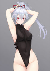 Rule 34 | 1girl, armpits, arms up, bare shoulders, black leotard, blush, breasts, closed mouth, covered navel, cowboy shot, crossed bangs, fate/grand order, fate (series), fed (giba), gradient background, grey background, hair between eyes, hair ribbon, heattech leotard, highleg, highleg leotard, highres, large breasts, leotard, long hair, looking at viewer, ponytail, red eyes, red ribbon, ribbon, silver hair, simple background, solo, thighs, tomoe gozen (fate), turtleneck, tying hair