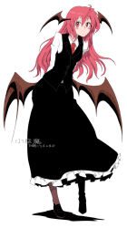 Rule 34 | 1girl, bat wings, dress, embodiment of scarlet devil, female focus, head wings, highres, jpeg artifacts, koakuma, long hair, low wings, oso (toolate), red eyes, red hair, simple background, solo, touhou, white background, wings