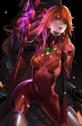 Rule 34 | 1girl, arm support, blue eyes, bodysuit, bracer, cockpit, cowboy shot, ear piercing, earrings, entry plug, eyepatch, floating hair, freckles, gfi lee, gloves, glowing, hand up, highres, holding, holding weapon, jewelry, lance of longinus (evangelion), leaning forward, legs apart, lips, lipstick, long hair, looking at viewer, makeup, narrow waist, neon genesis evangelion, orange hair, parted lips, piercing, pilot suit, plugsuit, polearm, realistic, rebuild of evangelion, red lips, skin tight, solo, souryuu asuka langley, standing, torn bodysuit, torn clothes, turtleneck, two side up, very long hair, weapon