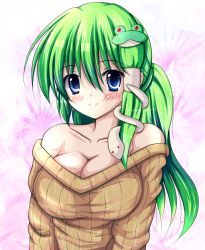 Rule 34 | 1girl, bad id, bad pixiv id, bare shoulders, blue eyes, blush, breasts, cleavage, collarbone, female focus, frog, green hair, hair ornament, highres, kaima, kochiya sanae, large breasts, long hair, naked sweater, no bra, off shoulder, ribbed sweater, smile, snake, solo, sweater, touhou, upper body