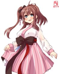 Rule 34 | 1girl, alternate costume, artist logo, azur lane, black ribbon, blush, breasts, brown hair, cosplay, covered erect nipples, cowboy shot, dated, feet out of frame, green eyes, hair between eyes, hair ornament, hanbok, hanbok lift, highres, historical name connection, kanon (kurogane knights), kantai collection, korean clothes, large breasts, long hair, long sleeves, looking at viewer, name connection, open mouth, pink skirt, ribbon, saratoga (azur lane), saratoga (hibiscus-scented idol) (azur lane), saratoga (kancolle), sash, side ponytail, signature, simple background, skirt, solo, traditional clothes, white background