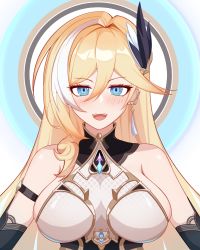 Rule 34 | 1girl, :d, absurdres, armor, bare shoulders, bianka durandal ataegina, bianka durandal ataegina (palatinus equinox), blonde hair, blue eyes, breasts, earrings, hair ornament, highres, honkai (series), honkai impact 3rd, jewelry, large breasts, long hair, looking at viewer, open mouth, power man (xy1950314788), simple background, smile, solo, upper body, white background