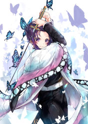 Rule 34 | 1girl, belt, belt buckle, black jacket, black pants, buckle, bug, butterfly, butterfly hair ornament, closed mouth, cowboy shot, dema hmw, hair ornament, haori, highres, holding, holding sword, holding weapon, insect, jacket, japanese clothes, katana, kimetsu no yaiba, kochou shinobu, long sleeves, looking at viewer, pants, purple eyes, purple hair, scabbard, sheath, short hair, smile, solo, standing, sword, weapon, white background, white belt