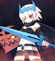 Rule 34 | 1girl, belt, black cape, black gloves, black skirt, black thighhighs, black tube top, breasts, cape, cleavage, closed mouth, cowboy shot, dragon: marked for death, elbow gloves, empress (dmfd), eyes visible through hair, fingerless gloves, frown, gloves, hair between eyes, holding, holding sword, holding weapon, left-handed, legs apart, miniskirt, navel, official style, red eyes, red pupils, scar, scar on face, short hair, skirt, small breasts, solo, split mouth, stitches, strapless, suta (clusta), sword, thighhighs, torn cape, torn clothes, tsurime, tube top, weapon, white belt, white hair, zettai ryouiki