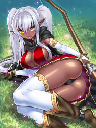 Rule 34 | 1girl, ass, black panties, blush, boots, bow (weapon), breasts, bridal gauntlets, cleavage, cloak, dark-skinned female, dark elf, dark skin, elf, gloves, highres, jewelry, large breasts, long hair, looking at viewer, lots of jewelry, open mouth, original, panties, pantyshot, pointy ears, shiny clothes, shiny skin, silver hair, single glove, skirt, solo, thighhighs, twintails, underwear, upskirt, weapon, white thighhighs, yapo (croquis side), yellow eyes