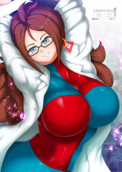 Rule 34 | 1girl, android 21, arc system works, blue eyes, breasts, brown hair, character name, checkered clothes, dragon ball, dragon ball fighterz, earrings, female focus, glasses, gold earrings, hoop earrings, jewelry, keiryu, lab coat, large breasts, long hair, looking at viewer, sidelocks, solo, teeth, very long hair