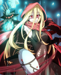 Rule 34 | 1girl, beads, blonde hair, breasts, casting spell, chain, cloak, detached sleeves, dress, elbow gloves, evileye (overlord), fang, gloves, glowing, glowing eyes, grin, hair ornament, highres, hood, hooded cloak, long hair, looking at viewer, magic, mask, medium breasts, overlord (maruyama), red cloak, red eyes, red hood, shaded face, sleeveless, sleeveless dress, smile, solo, upper body, vampire, yanu