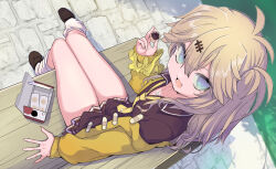 Rule 34 | 1girl, bench, blonde hair, blue eyes, brown footwear, brown shirt, brown skirt, cardigan, collared shirt, fingernails, food, from above, hair between eyes, highres, holding, holding food, jewelry, kasukabe tsumugi, long hair, long sleeves, necklace, necktie, one side up, open cardigan, open clothes, open mouth, pleated skirt, puuakachan, shirt, shoes, sitting, skirt, smile, solo, voicevox, yellow cardigan, yellow necktie