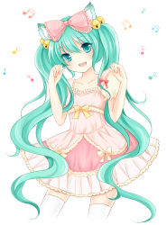 Rule 34 | 1girl, :d, animal ears, aqua eyes, aqua hair, bare shoulders, bell, blush, bow, dress, hair bow, hatsune miku, head tilt, long hair, looking at viewer, musical note, nikoo, no nose, open mouth, smile, solo, thighhighs, twintails, very long hair, vocaloid, white background, white thighhighs, zettai ryouiki