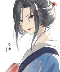 Rule 34 | 1girl, black hair, blue kimono, character name, copyright name, ekita kuro, from side, hair ornament, hairpin, hone onna, japanese clothes, jigoku shoujo, kimono, lipstick, looking at viewer, looking to the side, makeup, red lips, simple background, smile, solo, white background
