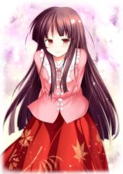 Rule 34 | 1girl, aka tawashi, arms behind back, bamboo print, black hair, blush, bow, bowtie, breasts, commentary request, cowboy shot, floral print, frilled shirt collar, frills, highres, houraisan kaguya, leaf print, leaning forward, light particles, long hair, long sleeves, looking at viewer, pink shirt, red eyes, red skirt, shirt, sidelocks, skirt, small breasts, smile, solo, standing, touhou, very long hair, white bow, white bowtie