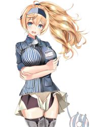Rule 34 | 1girl, alternate costume, alternate hairstyle, black thighhighs, blonde hair, blue eyes, blue shirt, blush, boots, breast pocket, breasts, character name, clothes lift, collared shirt, cowboy shot, cross-laced footwear, enemy lifebuoy (kancolle), eriyama e, gambier bay (kancolle), hair between eyes, hairband, highres, kantai collection, lace-up boots, large breasts, lawson, lifting another&#039;s clothes, long hair, name tag, open mouth, pocket, ponytail, shirt, short sleeves, sidelocks, simple background, skindentation, skirt, skirt lift, thigh boots, thighhighs, thighs, white background