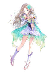 Rule 34 | 1girl, blonde hair, blue eyes, blue reflection, blue reflection (series), breasts, detached sleeves, dress, elbow gloves, expressionless, flower, frills, full body, gloves, hair flower, hair ornament, kishida mel, long hair, looking at viewer, official art, shijou raimu, short dress, simple background, small breasts, solo, wavy hair, white background, white legwear