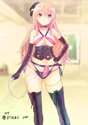Rule 34 | 1girl, bad id, bad pixiv id, bare shoulders, black gloves, blonde hair, blurry, blurry background, blush, boots, breasts, censored, choker, closed mouth, collarbone, commentary request, corset, covered erect nipples, dildo, dominatrix, elbow gloves, gloves, hair between eyes, hand on own hip, long hair, looking at viewer, medium breasts, mosaic censoring, original, sex toy, shida (ddfd), solo, standing, strap-on, thigh boots, thighhighs, wide hips