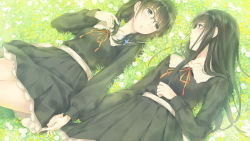 Rule 34 | 2girls, black eyes, black hair, braid, daisy, dress, eye contact, field, flower, flower field, flowers (innocent grey), game cg, glasses, grabbing another&#039;s hair, grass, green dress, hair flower, hair ornament, hanabishi rikka, hand on own stomach, holding, holding hands, holding own hair, long hair, long sleeves, looking at another, lying, multiple girls, official art, official wallpaper, on back, parted lips, pleated dress, puffy long sleeves, puffy sleeves, ribbon, school uniform, shirahane suou, short dress, short hair, sugina miki, twin braids, wallpaper, yuri