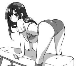 Rule 34 | 1girl, all fours, blush, bra, breasts, buruma, greyscale, gym uniform, long hair, looking at viewer, looking back, monochrome, simple background, solo, underwear, upshirt, white background, zaxwu