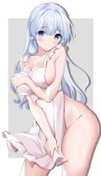 Rule 34 | 1girl, apron, ass, ayaka (genshin impact), blue eyes, blue hair, breasts, cleavage, genshin impact, highres, large breasts, looking at viewer, maid apron, naked apron, nude, penguin uwu, shy, simple background, solo, sweat, white background