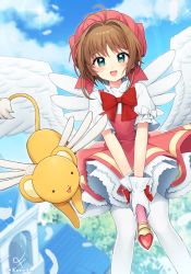 Rule 34 | 1girl, :d, angel wings, antenna hair, blue sky, blurry, blurry background, blush, bow, brown hair, cardcaptor sakura, day, depth of field, dress, feathers, flying, glove bow, gloves, green eyes, hat, kero (cardcaptor sakura), kinomoto sakura, konogi nogi, looking at viewer, open mouth, outdoors, petticoat, pinafore dress, pink dress, pink hat, puffy short sleeves, puffy sleeves, red bow, shirt, short hair, short sleeves, signature, sky, sleeveless, sleeveless dress, smile, solo, wand, white gloves, white shirt, white wings, wings