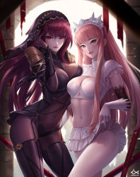 Rule 34 | 2girls, bodystocking, breasts, citemer, cleavage, clothes lift, fate/grand order, fate (series), highres, long hair, medb (fate), medb (fate), medium breasts, miniskirt, multiple girls, navel, parted lips, pink hair, purple hair, red eyes, scathach (fate), scathach (fate), skirt, skirt lift, smile, stomach