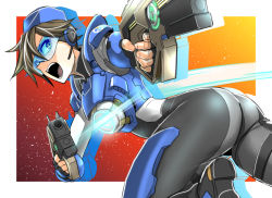 Rule 34 | 1girl, armor, ass, black gloves, blue hat, bodysuit, brown eyes, brown hair, cadet oxton, chest harness, clash kuro neko, cowboy shot, dual wielding, emblem, finger on trigger, fingerless gloves, freckles, from behind, gauntlets, gloves, goggles, gun, harness, hat, headset, holding, holding gun, holding weapon, leg up, logo, looking back, open mouth, overwatch, overwatch 1, pauldrons, shoes, short hair, shoulder armor, skin tight, solo, spiked hair, standing, standing on one leg, teeth, tracer (overwatch), weapon