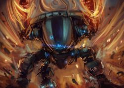 Rule 34 | absurdres, action, artist name, attack, battle, blue eyes, epic, fire, glowing, glowing eyes, gun, hands up, highres, holding, holding gun, holding weapon, huge filesize, humanoid robot, incoming attack, jun zt, looking down, mecha, no humans, phase shift pilot (titanfall 2), pilot (titanfall 2), pyrokinesis, robot, science fiction, scorch (titanfall 2), titan (titanfall), titanfall (series), titanfall 2, weapon