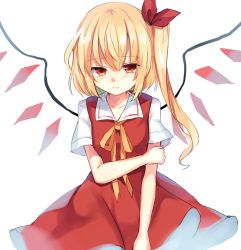 Rule 34 | 1girl, ascot, blonde hair, blush, closed mouth, collared shirt, crystal, dress, dutch angle, expressionless, fang, flandre scarlet, hair between eyes, hair ribbon, looking at viewer, no headwear, one side up, paragasu (parags112), puffy short sleeves, puffy sleeves, red dress, red eyes, red ribbon, ribbon, shirt, short hair, short sleeves, simple background, solo, touhou, white background, white shirt, wings, yellow ascot