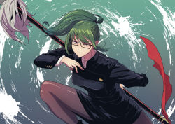 Rule 34 | 1girl, arm behind back, breasts, brown eyes, butcherboy, eyebrows hidden by hair, floating hair, glasses, green hair, hair behind ear, hand on own chest, holding, holding mop, jujutsu kaisen, leaning forward, looking at viewer, medium breasts, mop, pantyhose, ponytail, solo, uniform, zenin maki