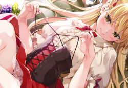 Rule 34 | 1girl, blonde hair, blush, bow, bowtie, center frills, closed mouth, commentary request, copyright request, corset, cross-laced clothes, earrings, eretto, food, frilled shirt, frilled shirt collar, frills, fruit, grapes, head tilt, jewelry, knees up, long hair, lying, on back, puffy short sleeves, puffy sleeves, red bow, red bowtie, red skirt, see-through, shirt, short sleeves, skirt, smile, solo, very long hair, yellow eyes