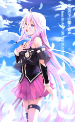 Rule 34 | 1girl, bare shoulders, black bra, blue eyes, blush, bra, bra strap, collarbone, highres, ia (vocaloid), long hair, looking away, off shoulder, open mouth, pink hair, pink skirt, ryuu32, skirt, solo, translation request, underwear, vocaloid